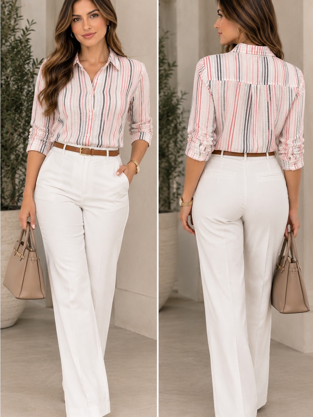 J. Jill Love Linen Striped Button Front Shirt 100% Linen Pink Gray M